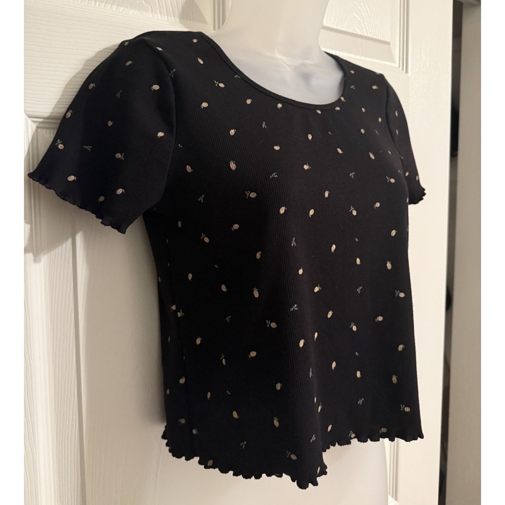Y2K Alya Lemon Print Ribbed Baby Tee Lettuce Hem Crop Top Sz M Womens 90s 2000s - Picture 4 of 9